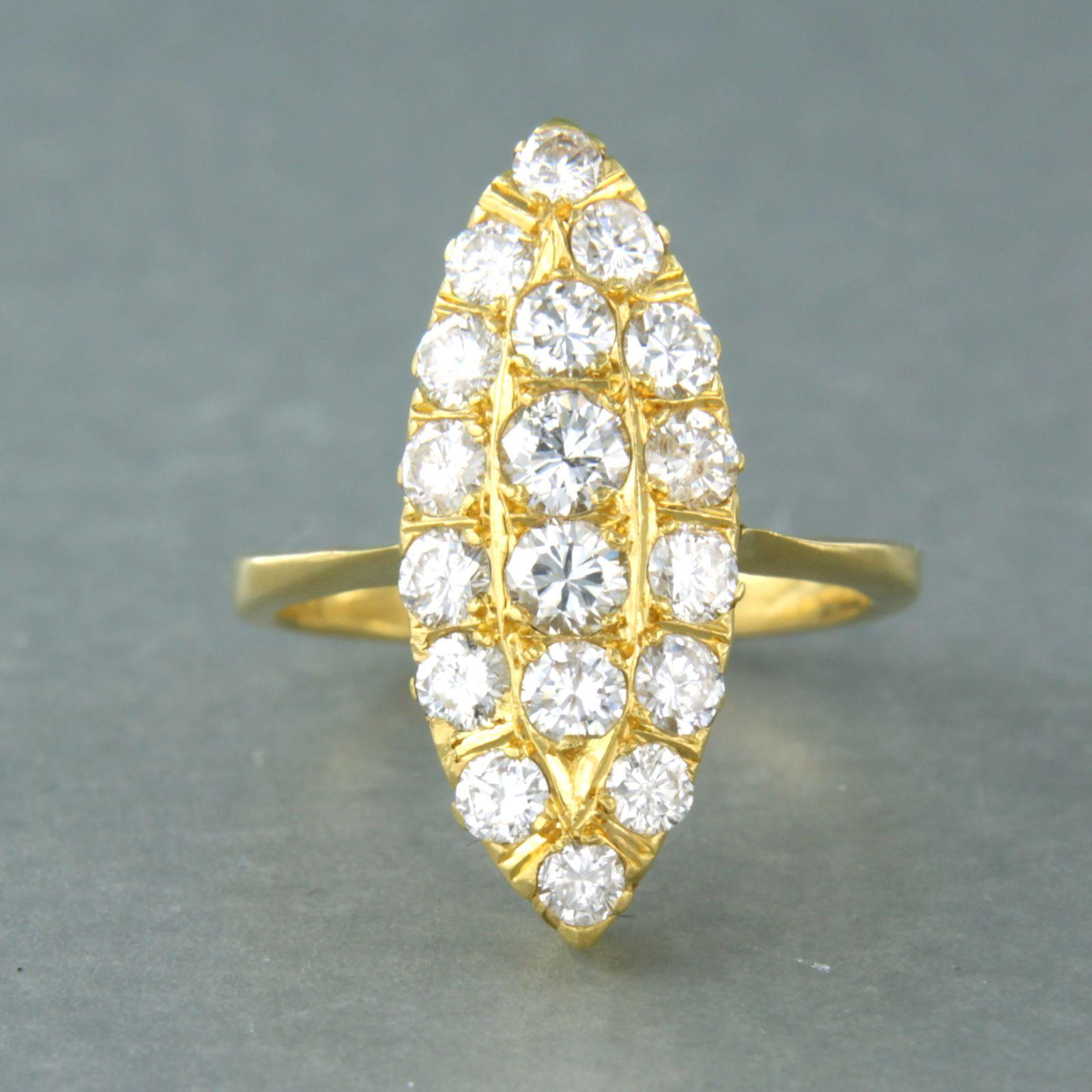 20k yellow gold ring with brilliant cut diamond. 1.35ct – H/I – SI/Pique - ring size U.S. 6 – EU. 16.5(53)

Detailed description

the top of the ring is 2.2 cm wide and 5.9 mm high

Ring size US 6.5 – EU. 17(53), ring can be enlarged or reduced a