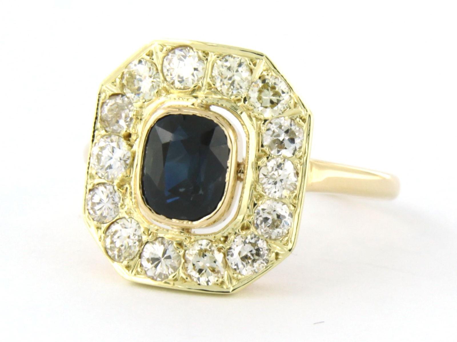 Old European Cut Ring with diamonds with Sapphire and diamonds 14k yellow gold For Sale
