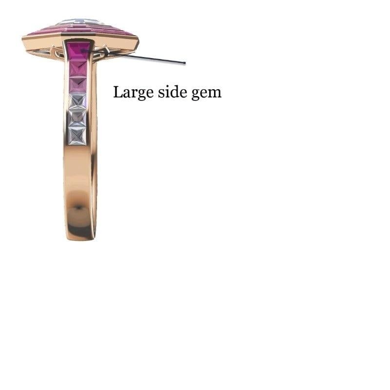 Anello unico nel suo genere con misura P (US 7 3/4) personalizzata con perline all'interno.

La pietra centrale di 0,96 carati (5,70 X 5,61 X 3,58) sarà incastonata dal cliente.

2 rubini di colore aureola separati da utilizzare insieme a 3
