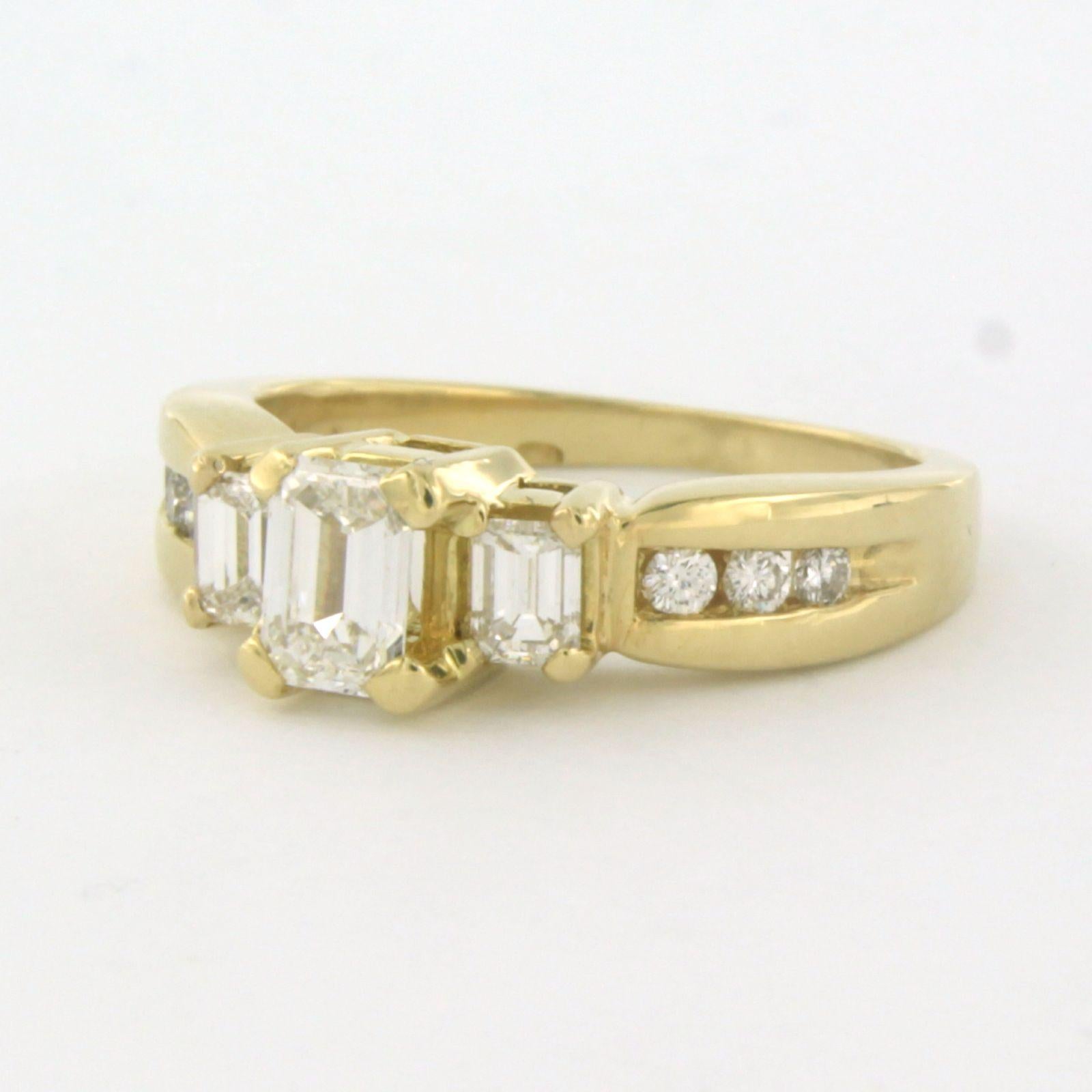 Emerald Cut Ring with emerald and brilliant cut diamonds up to 1.10ct 14k yellow gold  For Sale