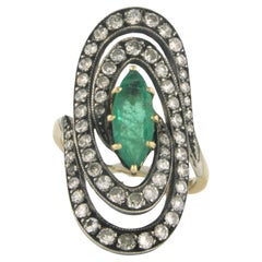 Ring with emerald and diamond 18kt gold with 835 silver