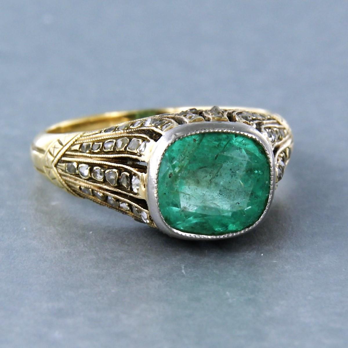 Emerald Cut Ring with emerald and diamonds 14k yellow gold For Sale