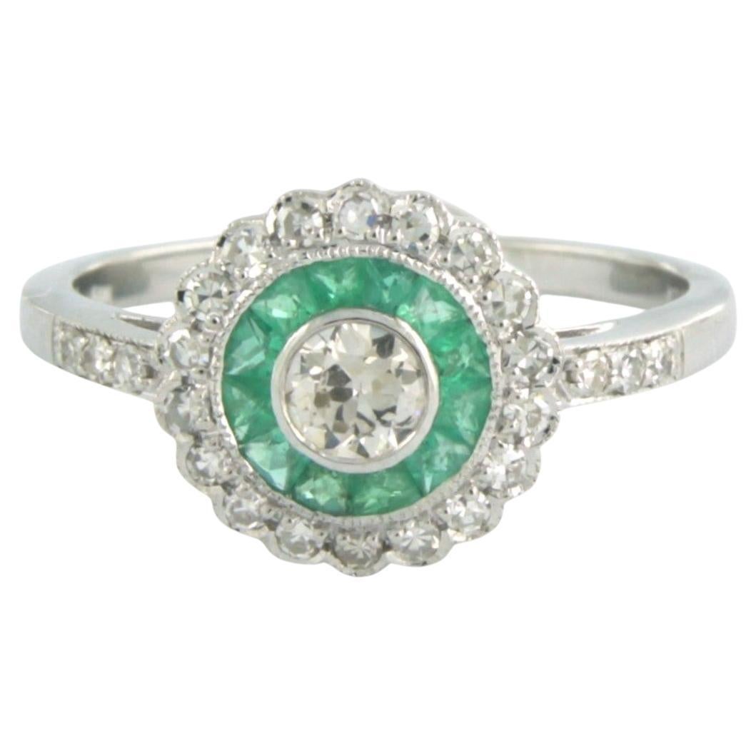 Ring with emerald and old European and single cut diamonds 14k white gold