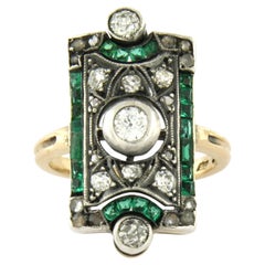 Anello con smeraldo e diamanti a taglio "old mine" fino a 0,80 ct, in oro 14k e argento