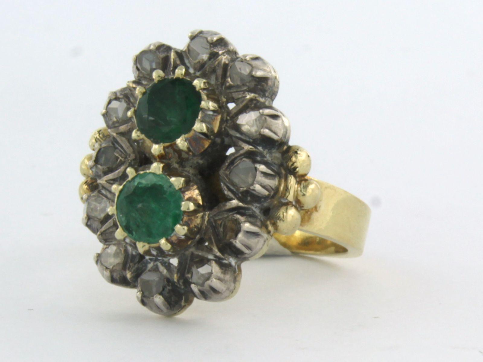 Ring with emerald and rose cut diamonds up to 0.15ct 18k gold and silver Damen im Angebot
