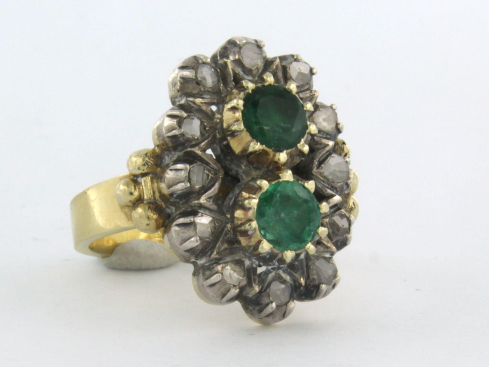 Ring with emerald and rose cut diamonds up to 0.15ct 18k gold and silver im Angebot 1