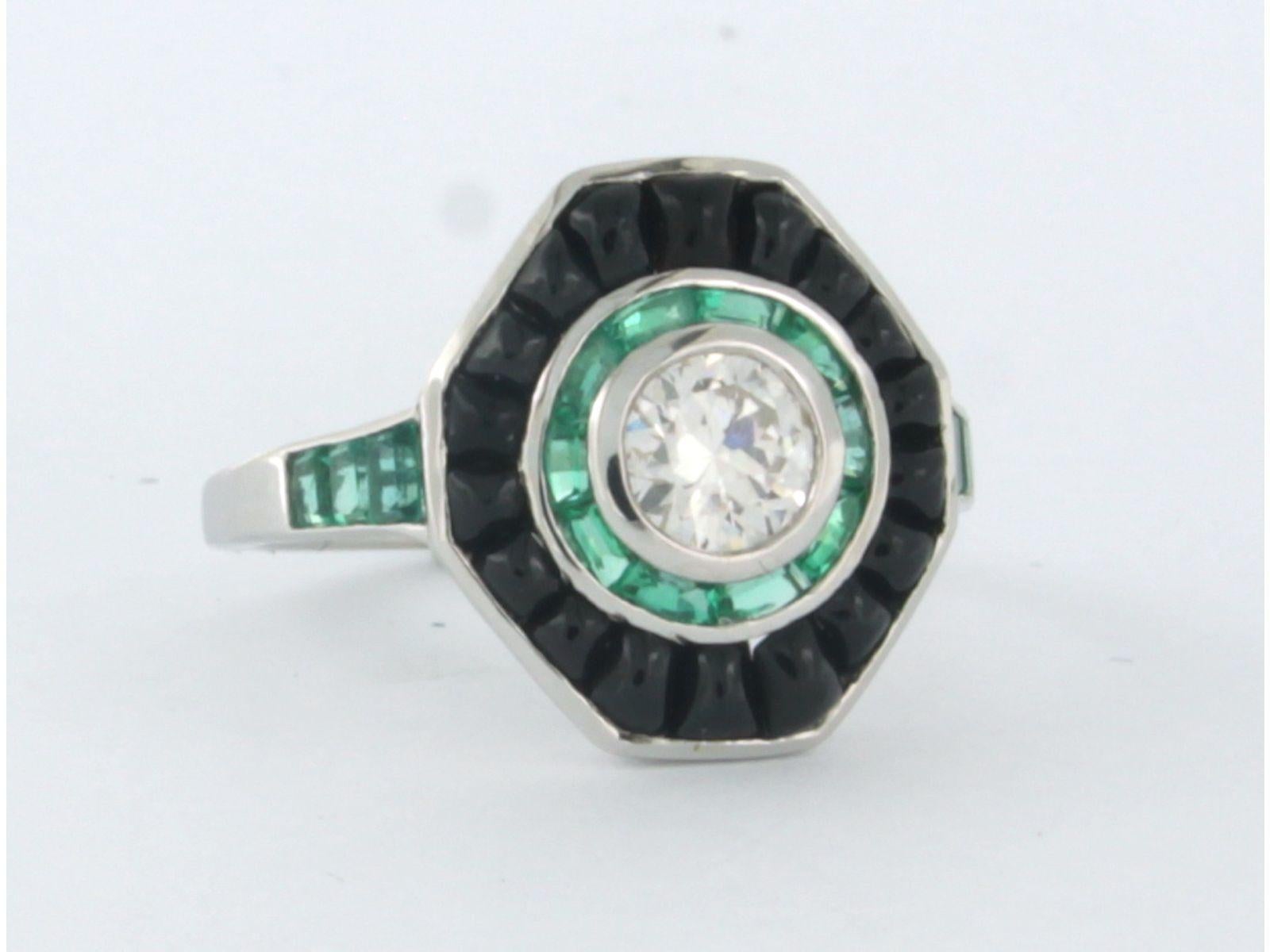 Modern Ring with emerald, onyx and diamond 14k white gold For Sale