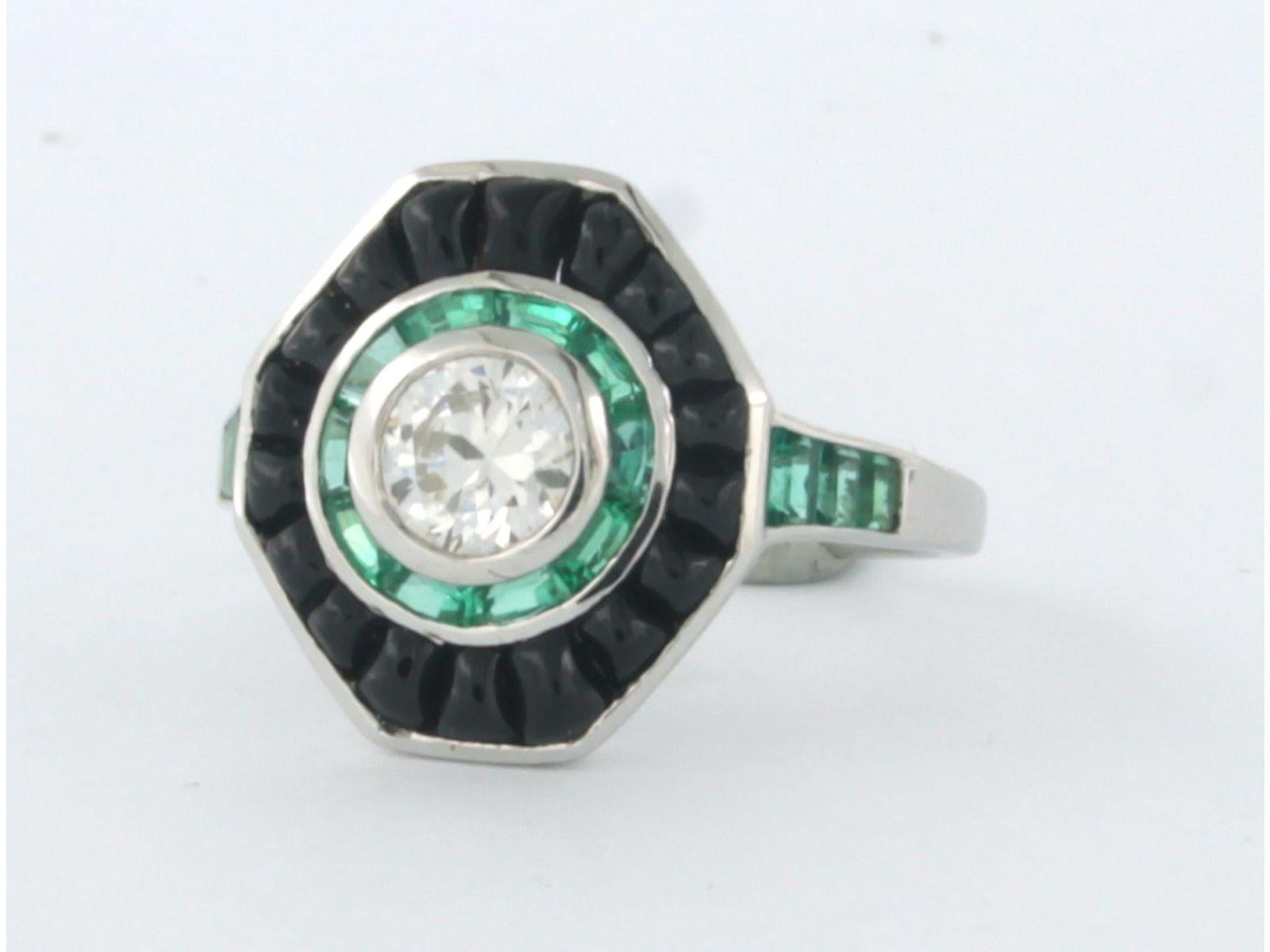 Old European Cut Ring with emerald, onyx and diamond 14k white gold For Sale