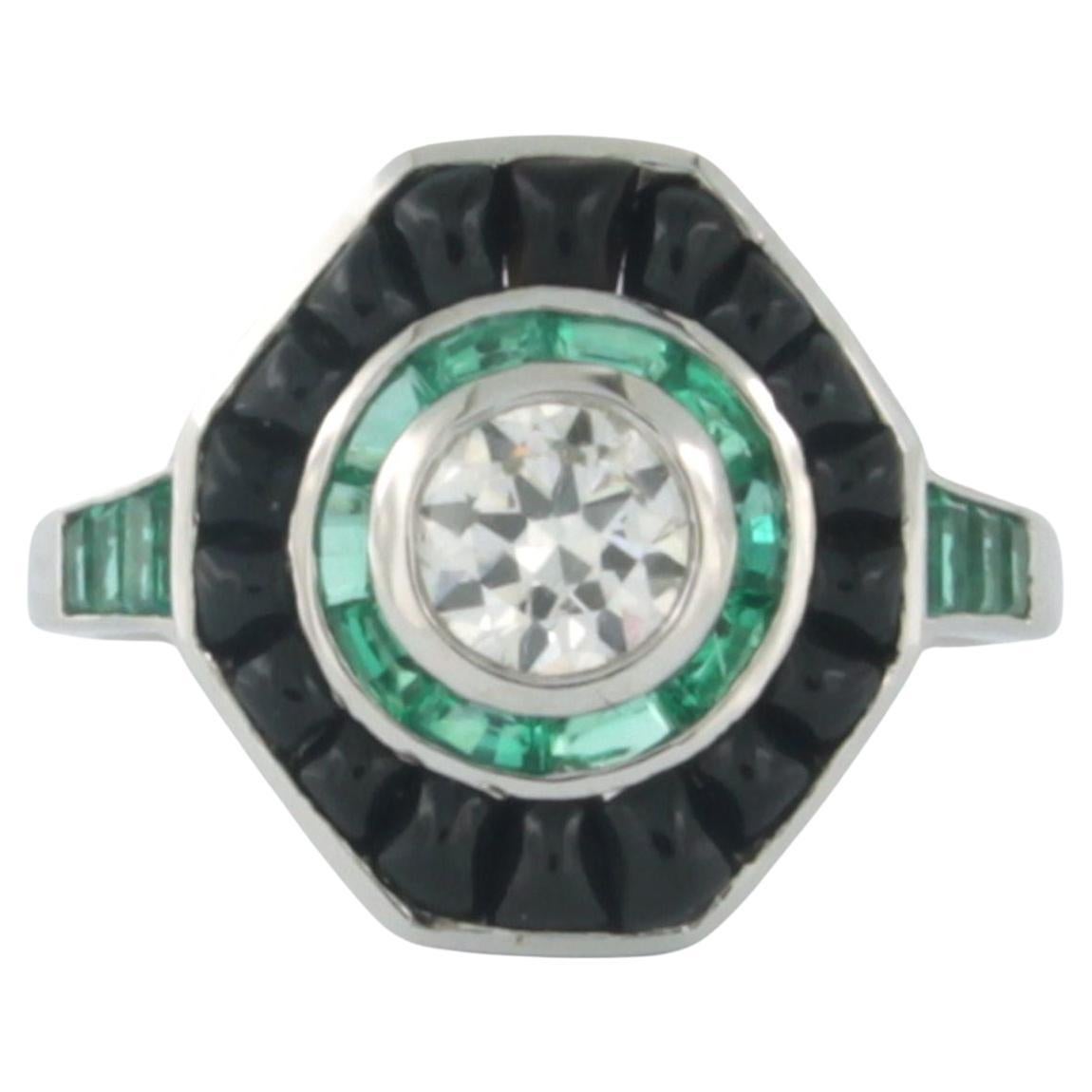 Ring with emerald, onyx and diamond 14k white gold For Sale