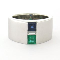 Ring with emerald, sapphire and baguette shaped diamond up to 0.20ct platinum