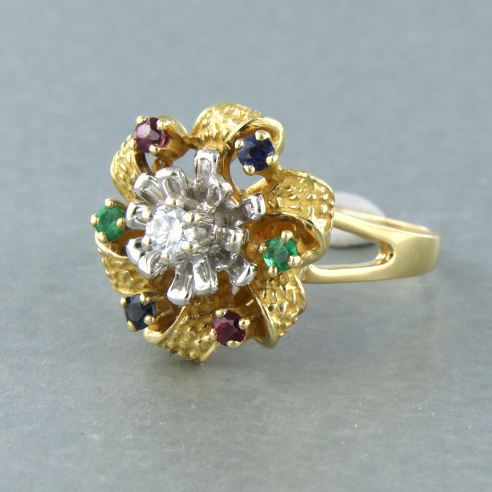 Modern Ring with emerald, sapphire, ruby and brilliant cut diamond 18k bicolour gold For Sale