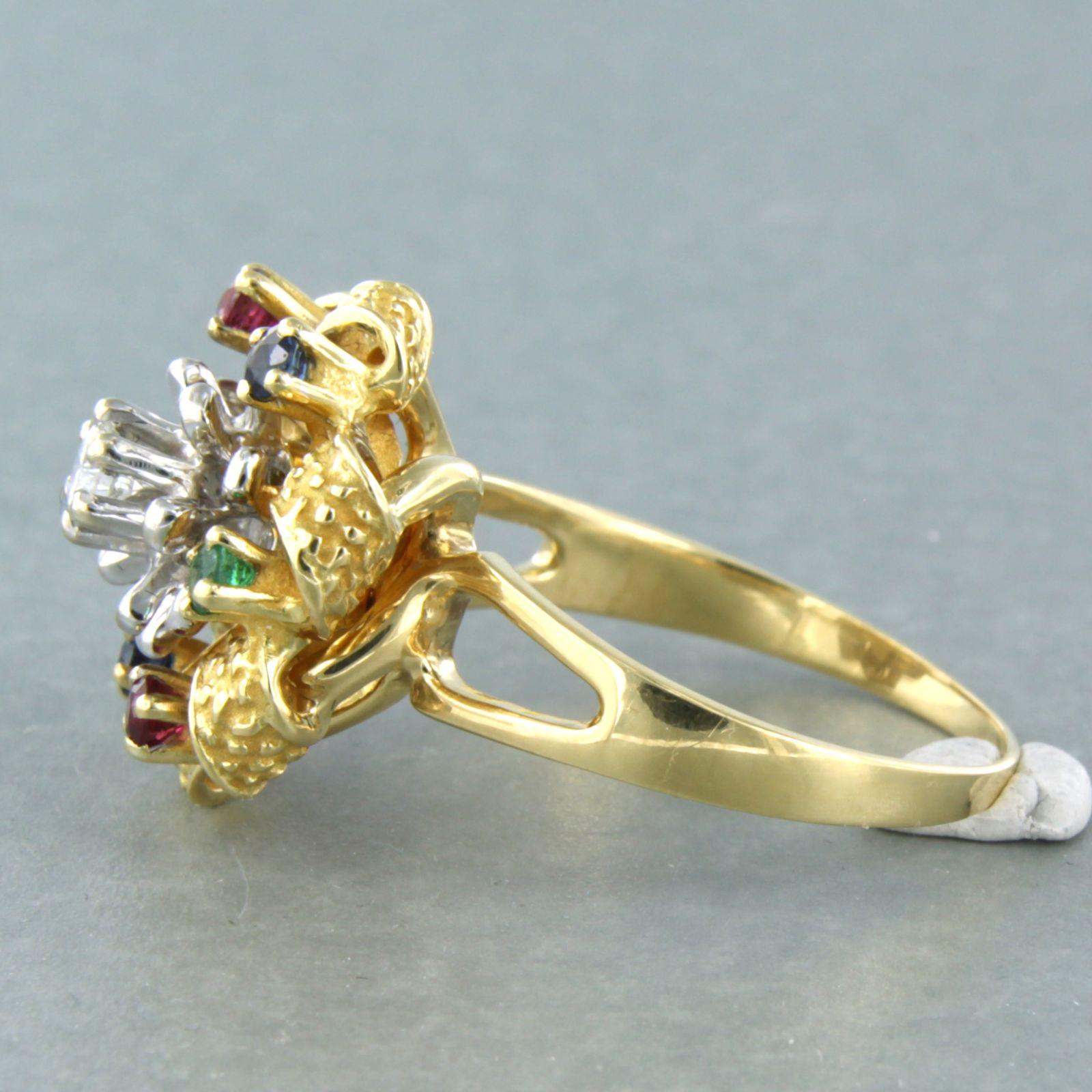 Brilliant Cut Ring with emerald, sapphire, ruby and brilliant cut diamond 18k bicolour gold For Sale