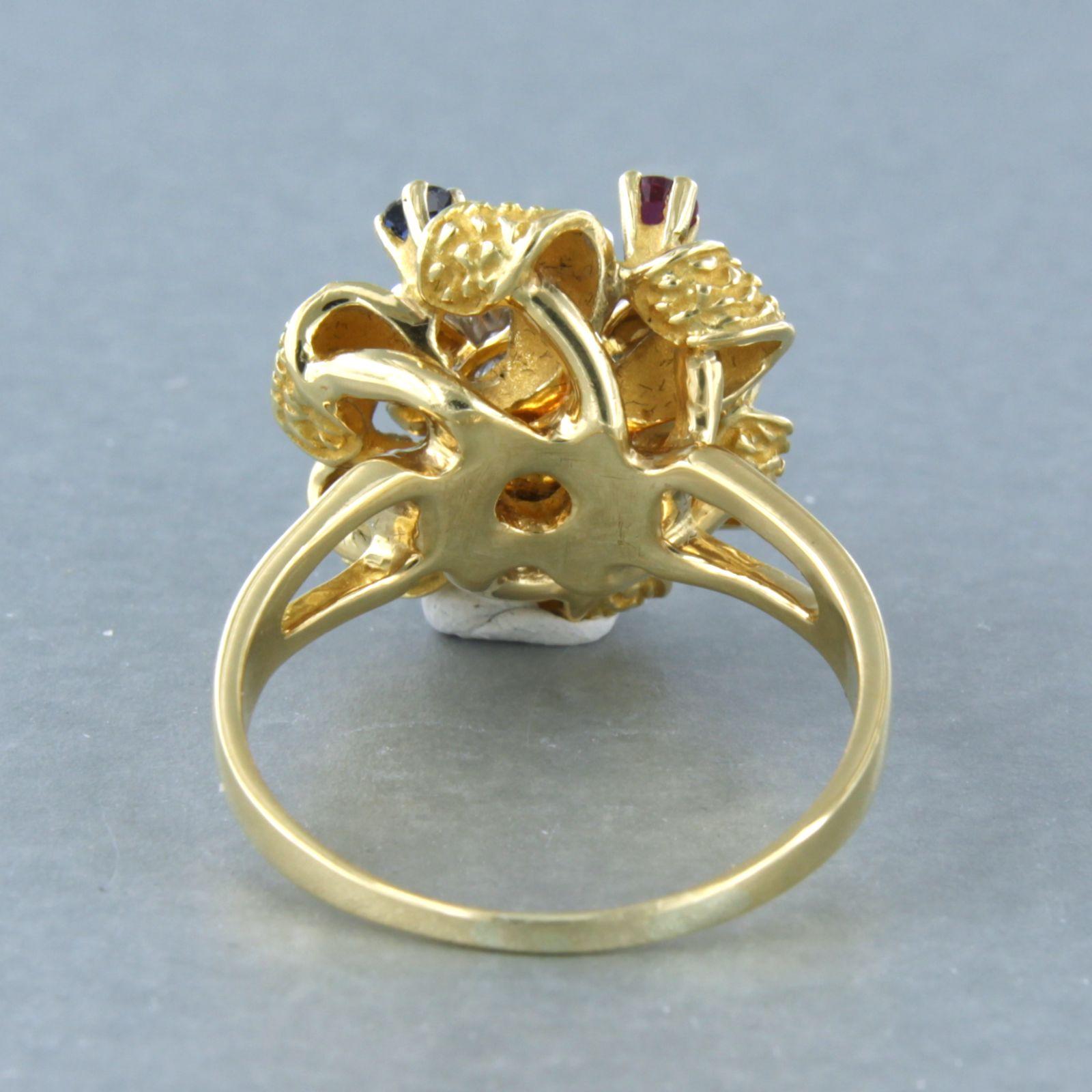 Women's Ring with emerald, sapphire, ruby and brilliant cut diamond 18k bicolour gold For Sale