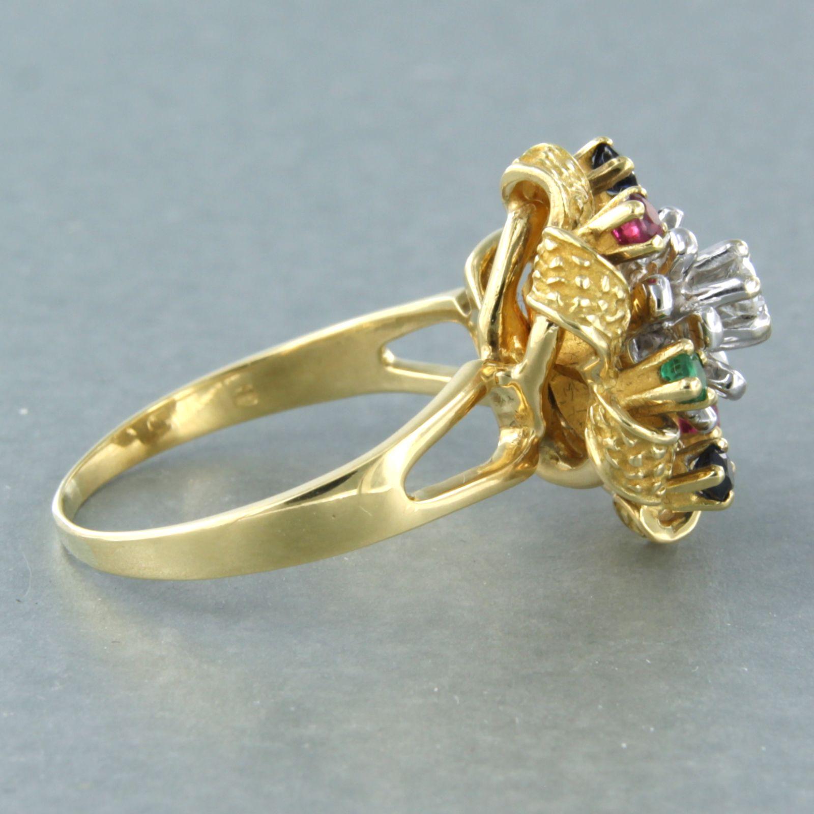 Ring with emerald, sapphire, ruby and brilliant cut diamond 18k bicolour gold For Sale 1