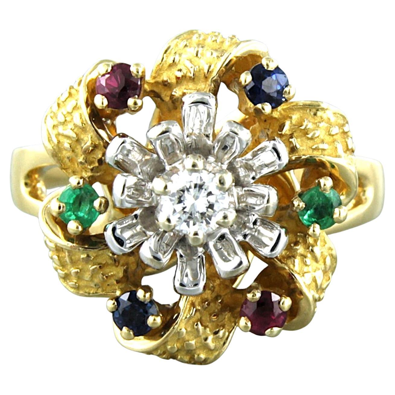 Ring with emerald, sapphire, ruby and brilliant cut diamond 18k bicolour gold