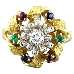 Ring with emerald, sapphire, ruby and brilliant cut diamond 18k bicolour gold
