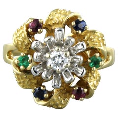 Ring with emerald, sapphire, ruby and brilliant cut diamond 18k bicolour gold