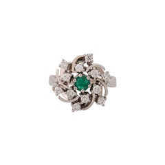 Ring with Emerald Surrounded by Brilliant-Cut Diamonds Total Approx. 0.62 Ct,