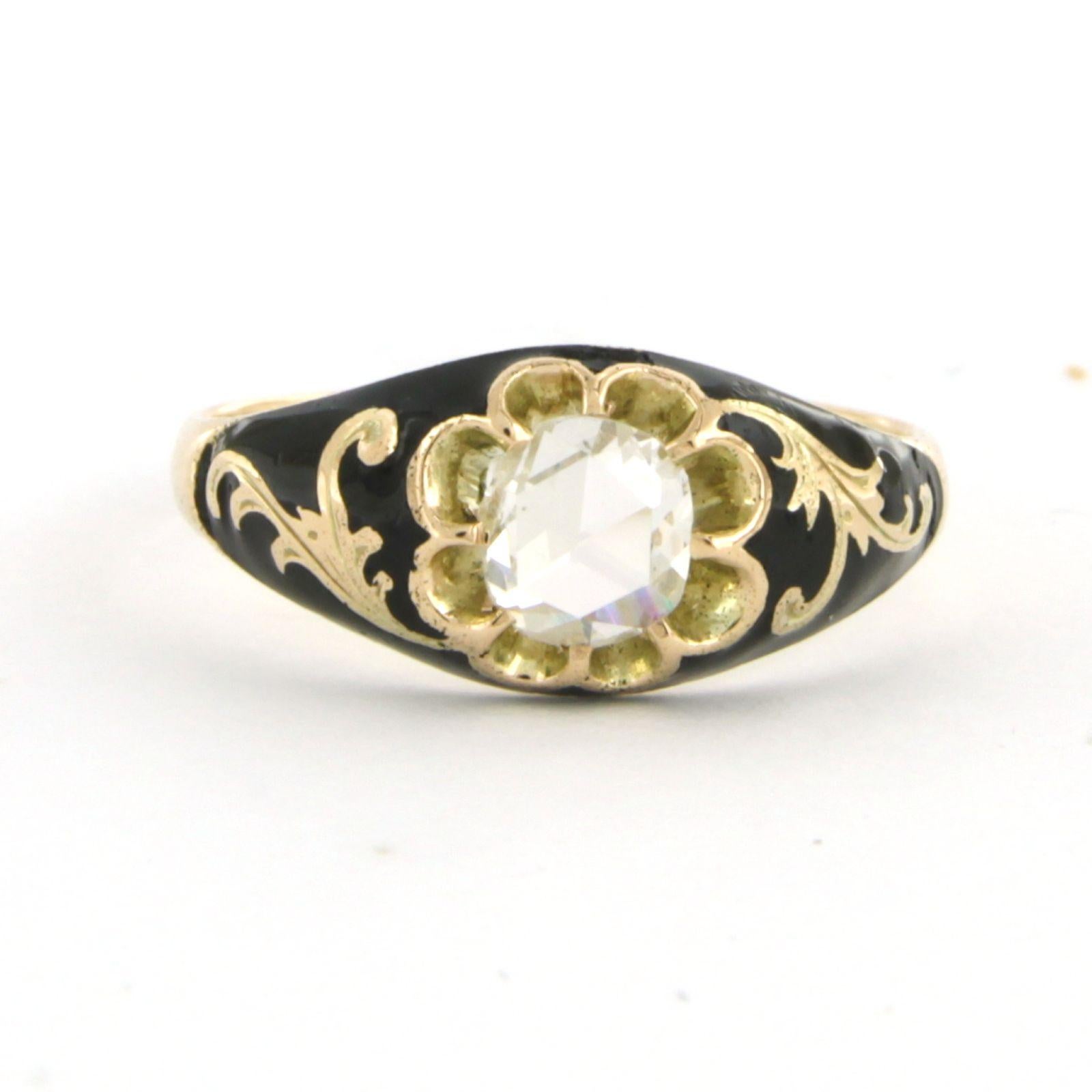 Ring aus 14 Karat Gelbgold, verziert mit schwarzer Emaille, besetzt mit rosa Diamanten. 0.43ct - G/H - SI - Ringgröße U.S. 7.25-EU. 17.5(55)

Ausführliche Beschreibung

die Oberseite des Rings ist 8.3 mm breit

Ringgröße US 7.25 - EU. 17.5(55), der