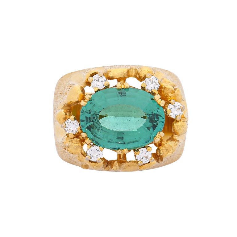 Bague Vintage 1960 Style Wallis Simpson - Vermeil Avec Tourmaline Verte Et Moissanite - Taille 58