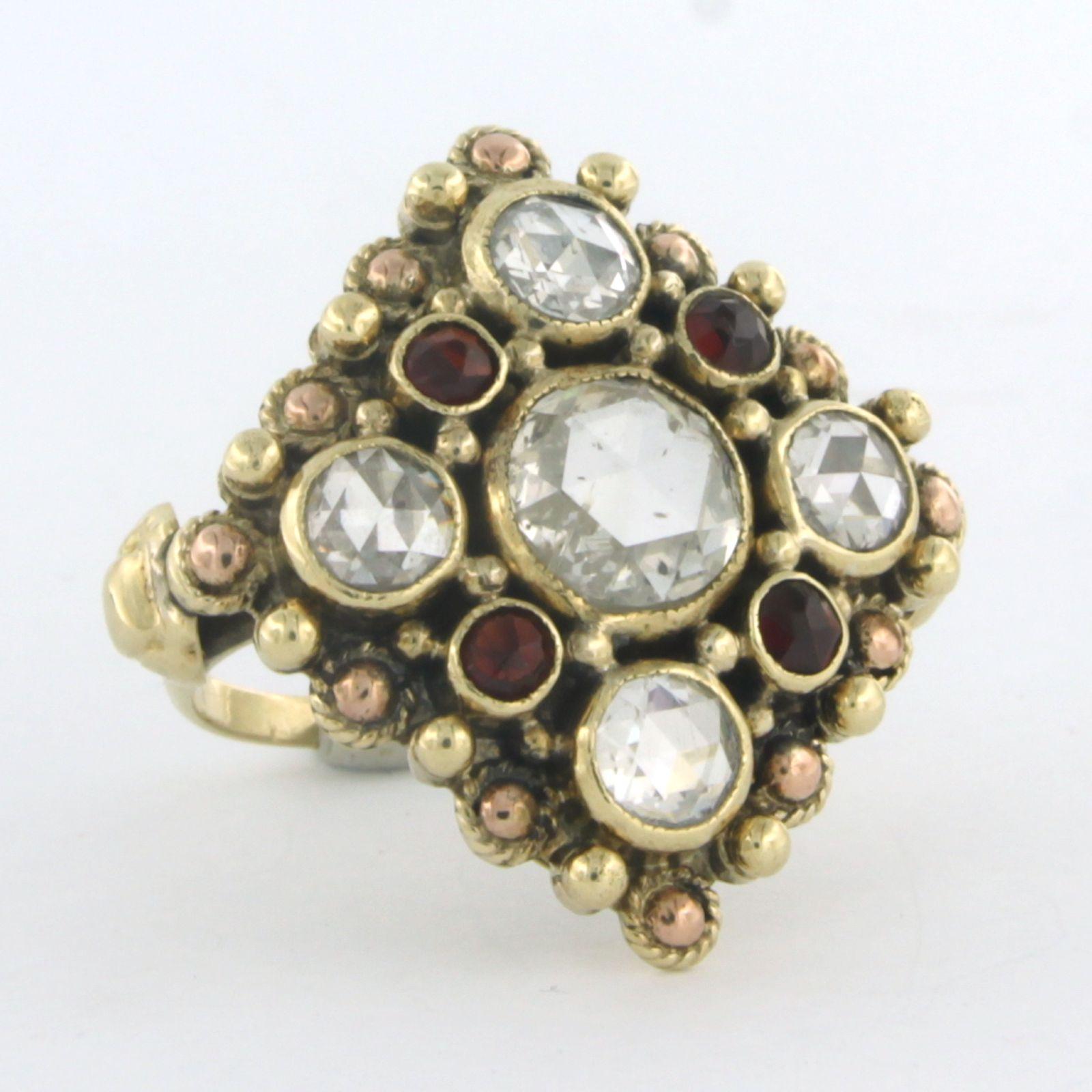 Early Victorian Ring with garnet and diamonds 14 bicolour gold For Sale