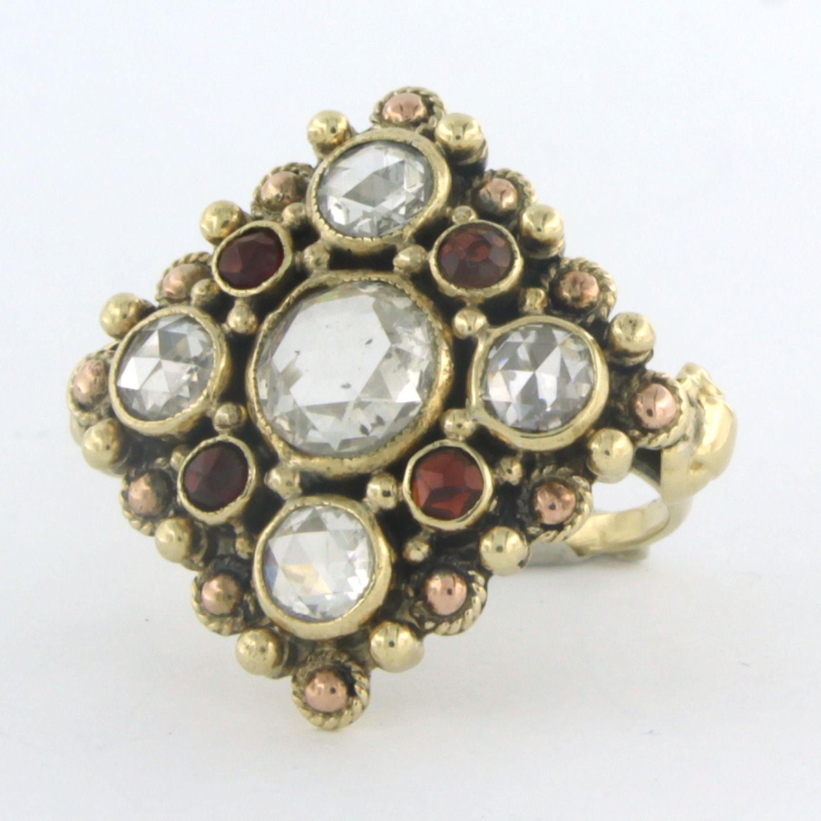 Rose Cut Ring with garnet and diamonds 14 bicolour gold For Sale