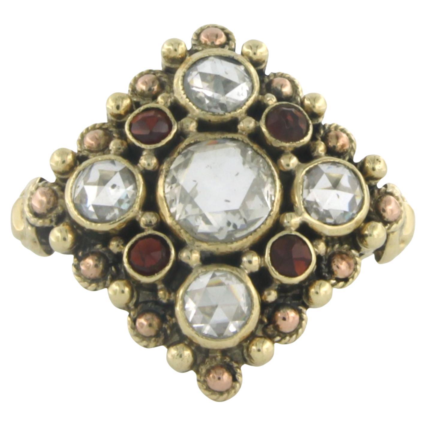Ring with garnet and diamonds 14 bicolour gold For Sale