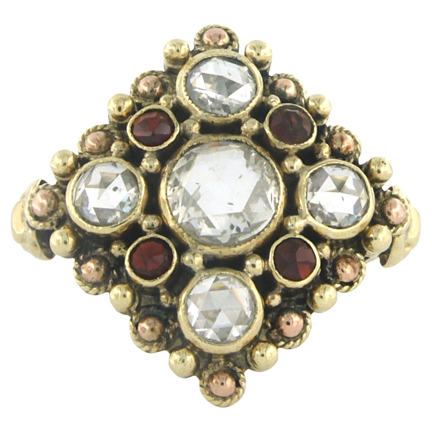 Ring with garnet and rose cut diamonds up to 1.60ct 14k gold 7.0 grams