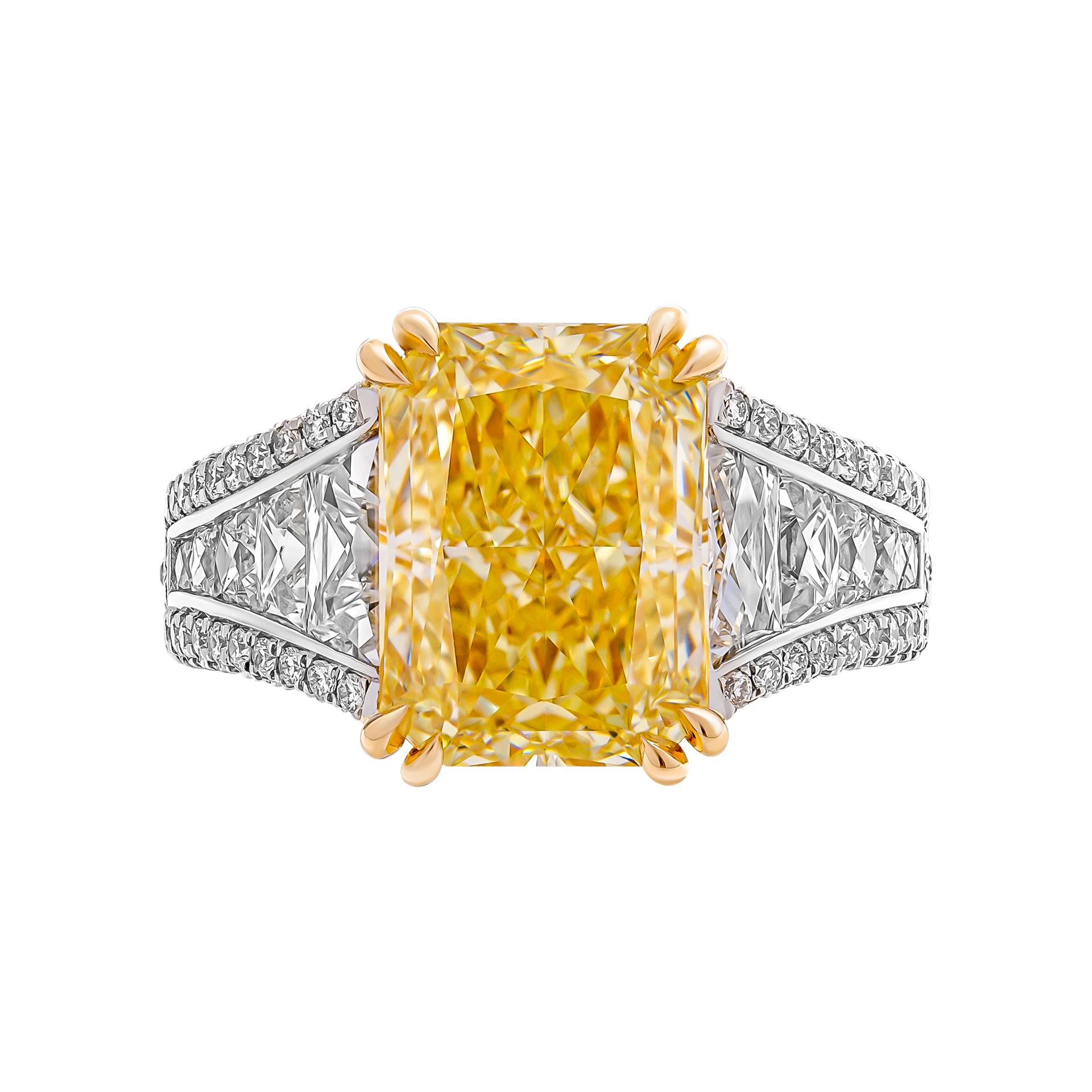Cocktail ring in Platinum & 18K Yellow Gold 
Center: 5.43ct Fancy Light YellowVS2 Radiant Cut Diamond GIA#6224564207
10 Side stones totaling 1.01ct G-H color VS+ clarity French cut shape graduating
Total Carat Weight of yellow diamonds: 0.07ct
Total
