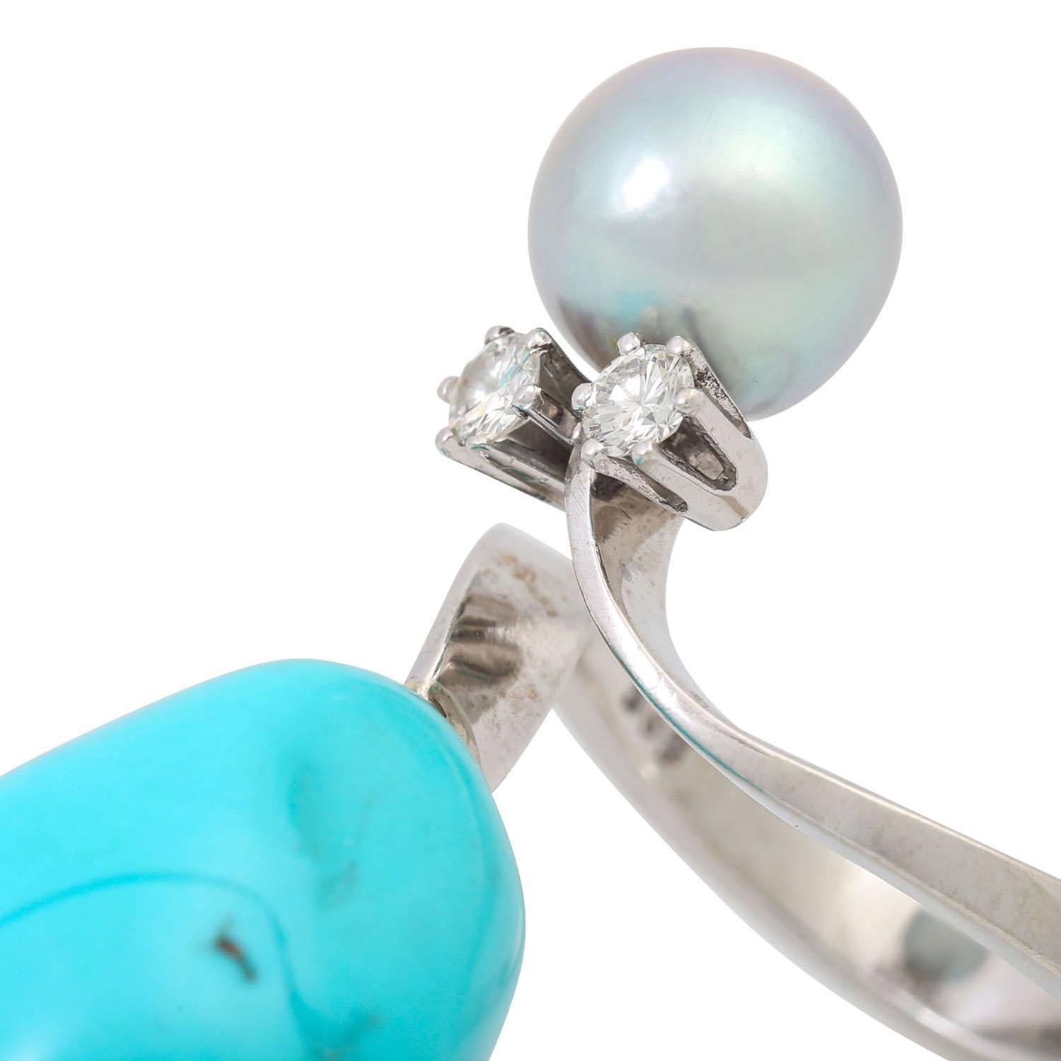 Bullet Cut Ring with Grey Pearl, Turquoise and Brilliant For Sale