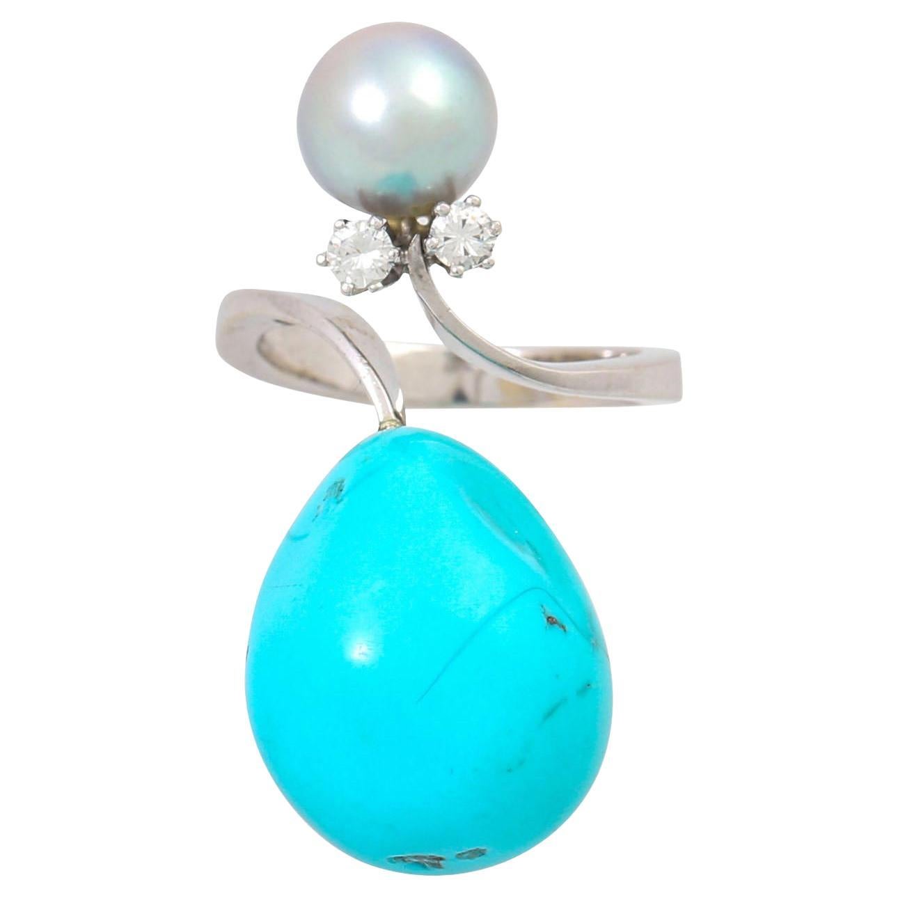 Ring with Grey Pearl, Turquoise and Brilliant For Sale