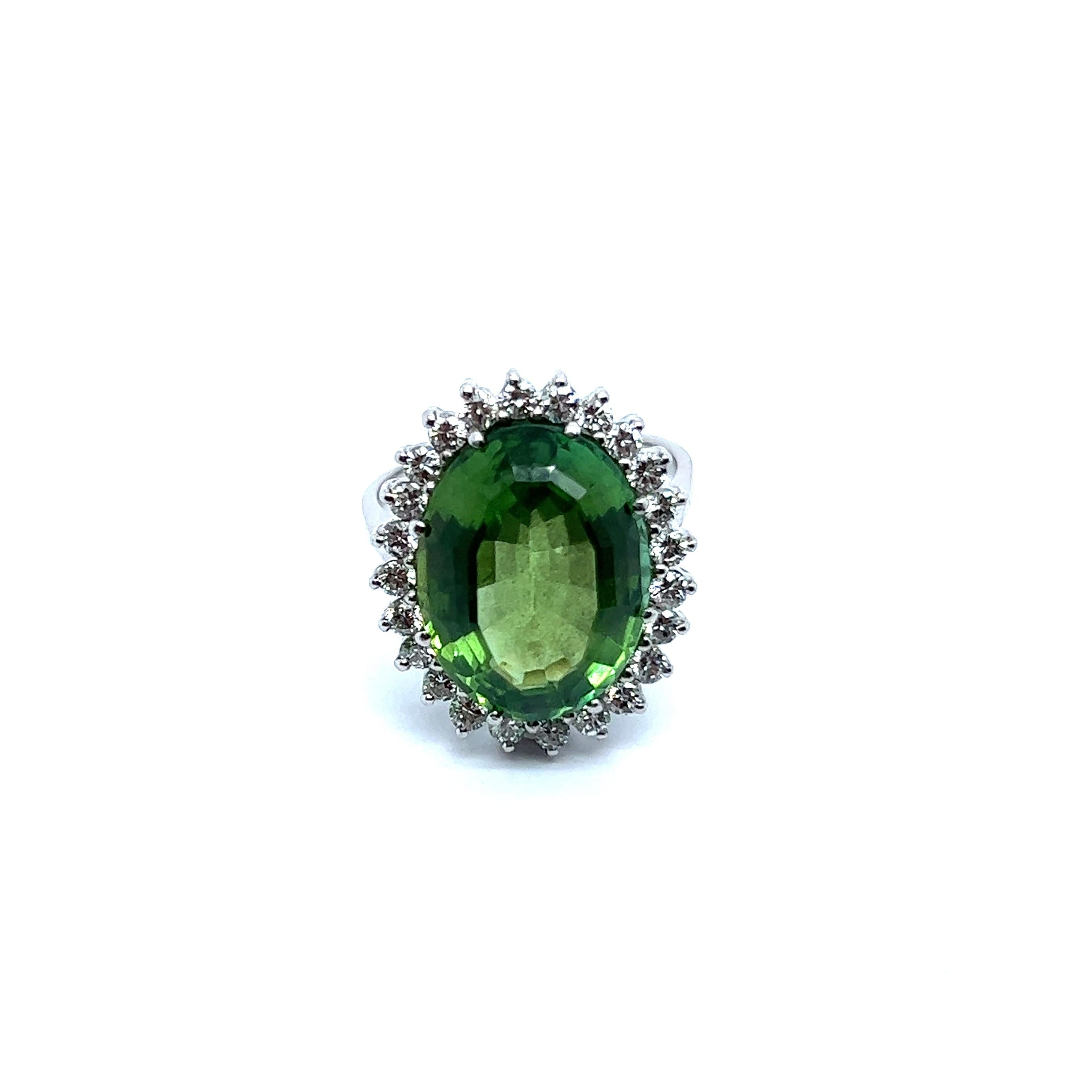 Enchanted ring with tourmaline and diamonds. 

Designed in exquisite 18 Karat white gold, this captivating piece exudes elegance and allure. A resplendent oval-cut green tourmaline lies at its heart, weighing an impressive 9.55 carats. The verdant