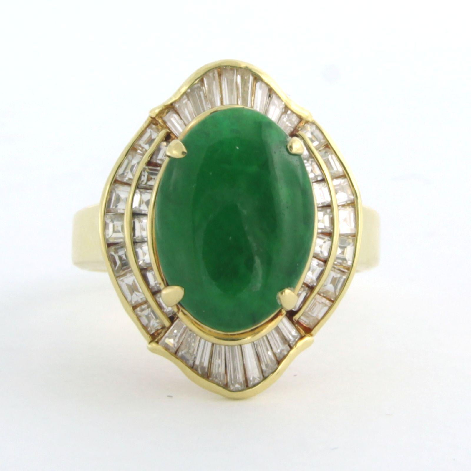 Ring aus 18 Karat Gelbgold, besetzt mit Jade und Diamanten im Quadrat- und Kegelschliff von bis zu 1,00 Karat - Ringgröße US 7 - EU 17.25 (54)

Ausführliche Beschreibung

Die Oberseite des Rings ist 2,1 cm breit und 1,0 cm hoch.

Gewicht: 8.8