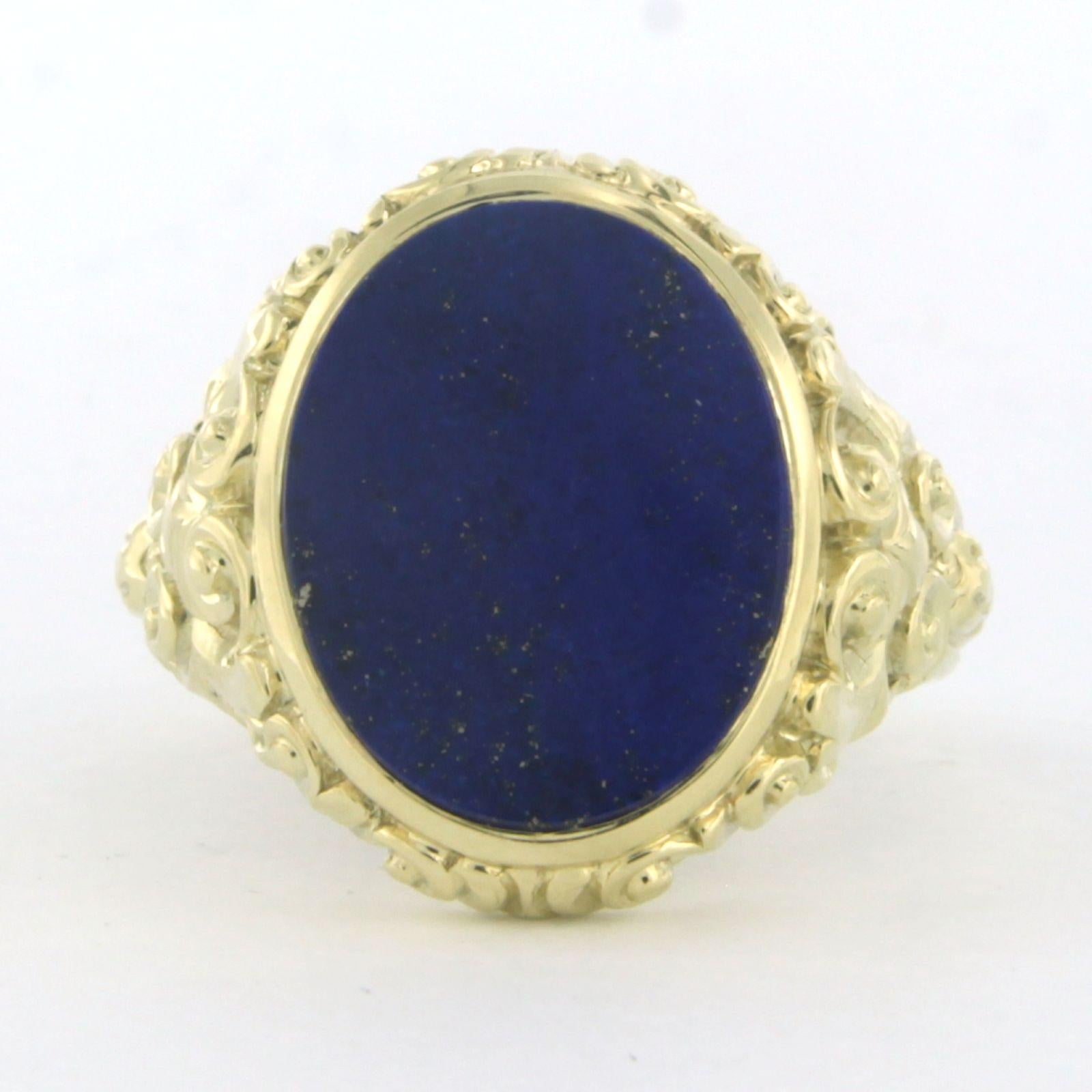 14k yellow gold ring set with lapis lazuli - ring size US 8.25 - EU. 18.5 (58)

detailed description:

the front of the ring is 2.0 cm wide

weight: 10.2 grams

ring size US 8.25 - EU. 18.5 (58). The ring can be enlarged or reduced a few sizes free