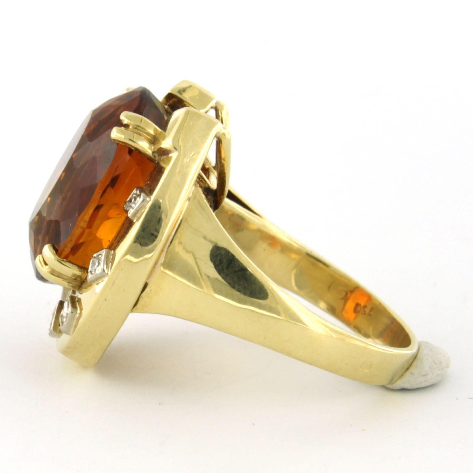 18k yellow gold ring set with citrine and single cut diamonds. 0.10ct - F/G - VS/SI - ring size U.S. 7.25 - EU. 17.5(55)

detailed description:

The top of the ring is 2.1 cm wide by 1.0 cm high

Ring size US 7.25 - EU. 17.5(55), ring can be