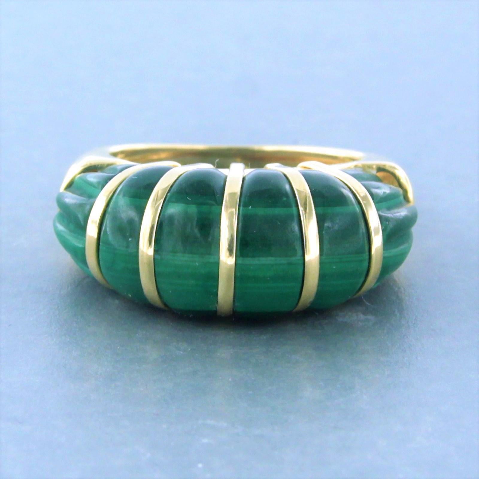 14 kt yellow gold ring set with malachite - ring size U.S. 4.5 - EU. 15.5(49)

detailed description

the top of the ring is 9.1 mm wide and 1.0 cm high

Ring size U.S. 4.5 - EU. 15.5(49), ring can be reduced a few sizes at cost price. Please contact