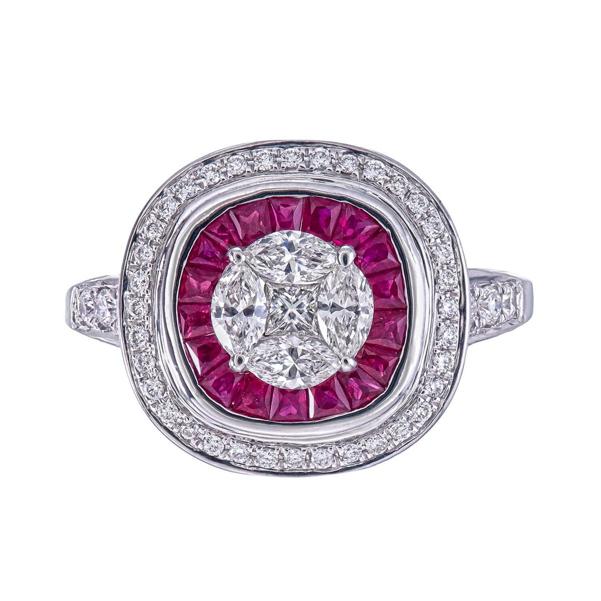 Vintage style with Marquise & princess illusion set diamonds to give a 2 carat diamond look.
First halo of Natural ruby well assorted making sure of the same color & quality.
Another halo of round diamonds with a plain gold shank.
Daily wear /Office