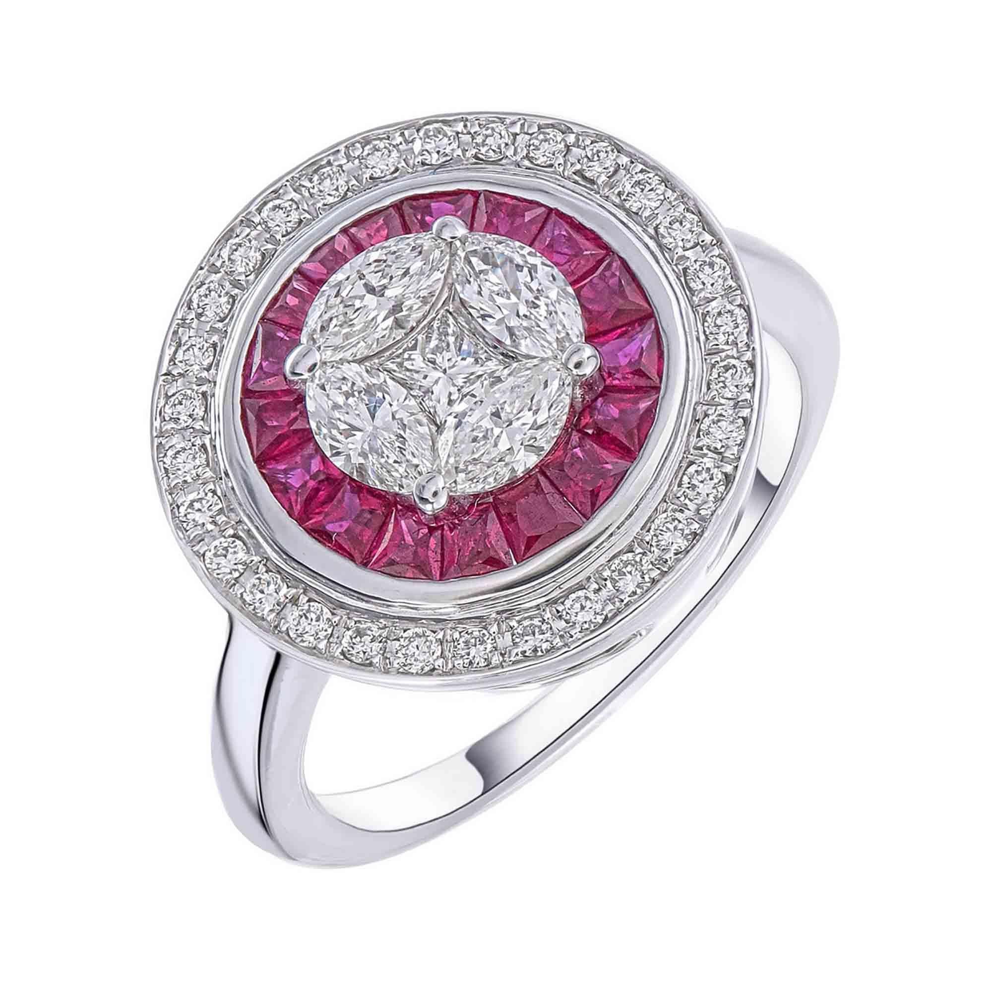 Ring mit Marquise-Prinzessin-Illusion mit doppeltem Halo aus Rubin und Diamanten im Zustand „Neu“ im Angebot in Khet Bang Rak, Krung Thep Maha Nakhon