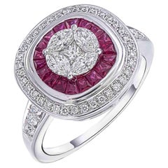 Anillo con marquesa princesa Ilusión con doble halo de rubí y diamantes