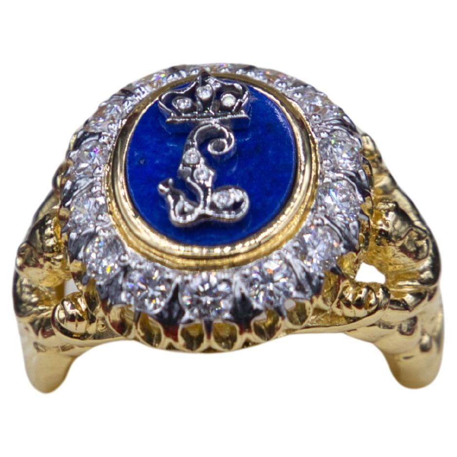 Ring with monogram diamond lapis 18 k For Sale