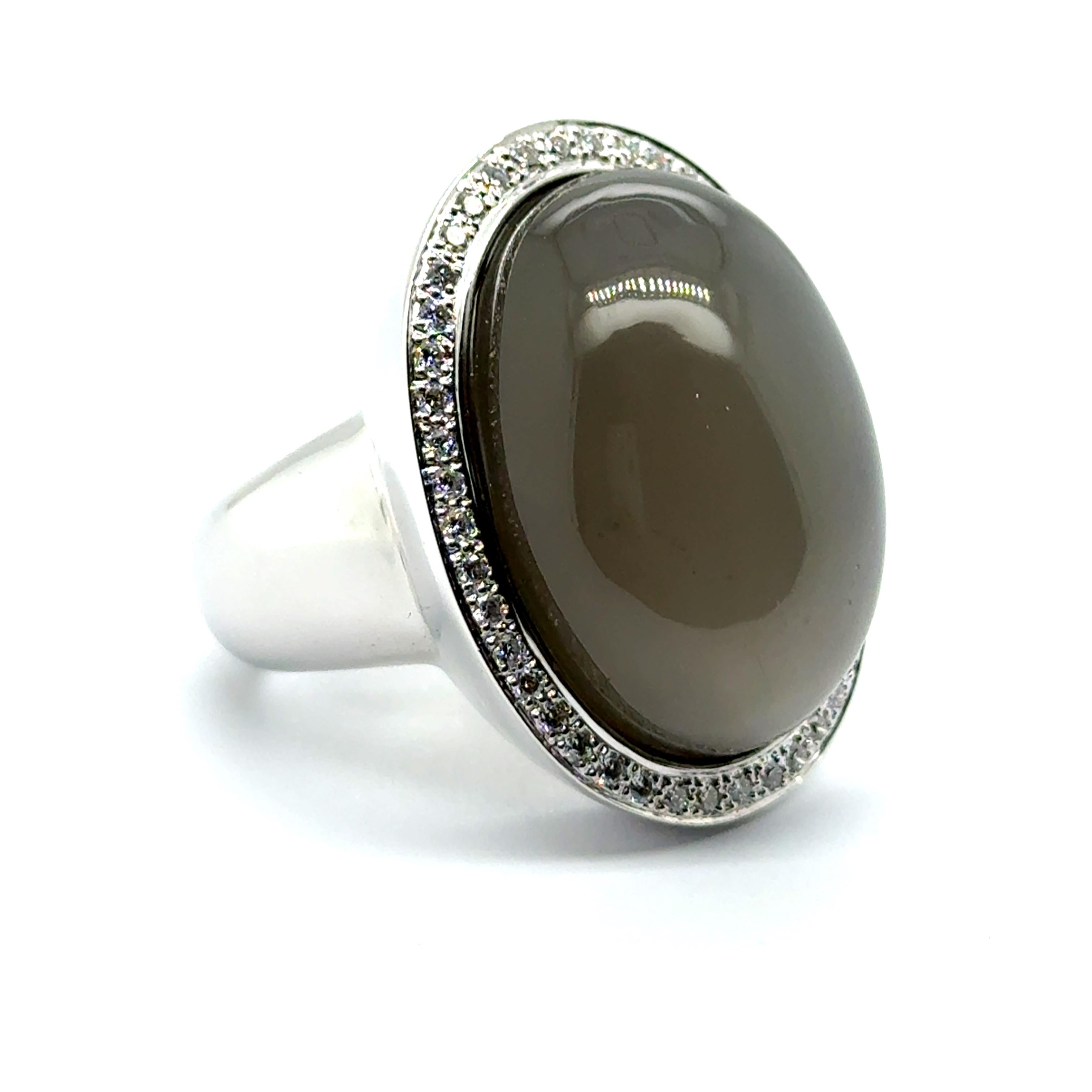 Modern Ring with Moonstone & Diamonds in 18 Karat White Gold For Sale