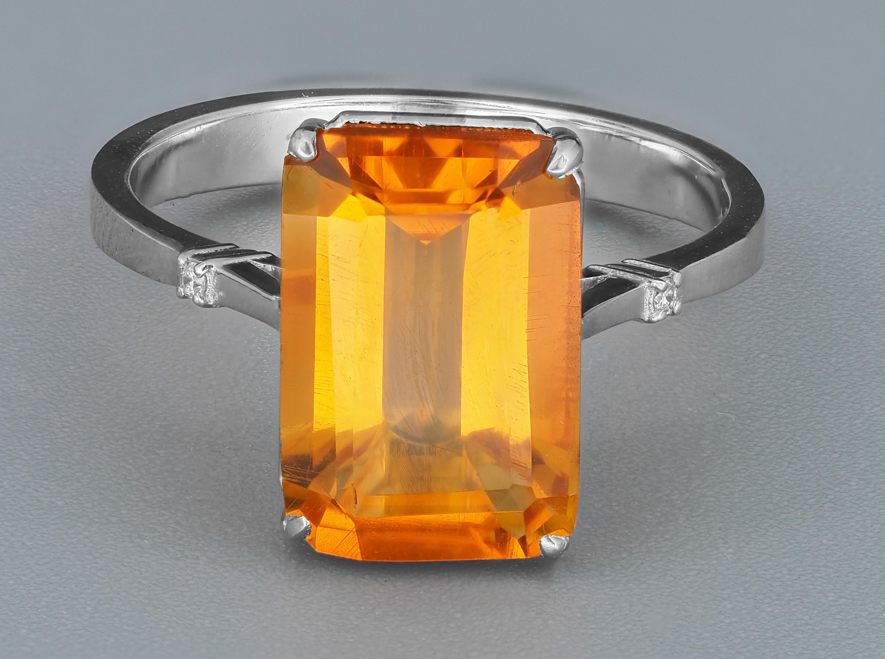 Emerald Cut Ring with Natural Citrine and Diamonds For Sale
