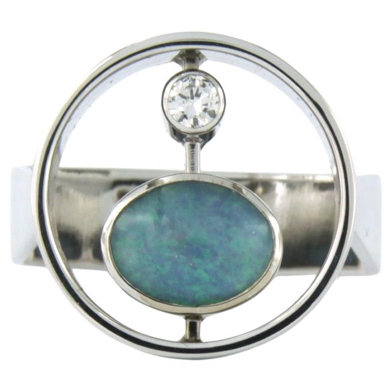 Ring with opal and diamond 14k white gold For Sale
