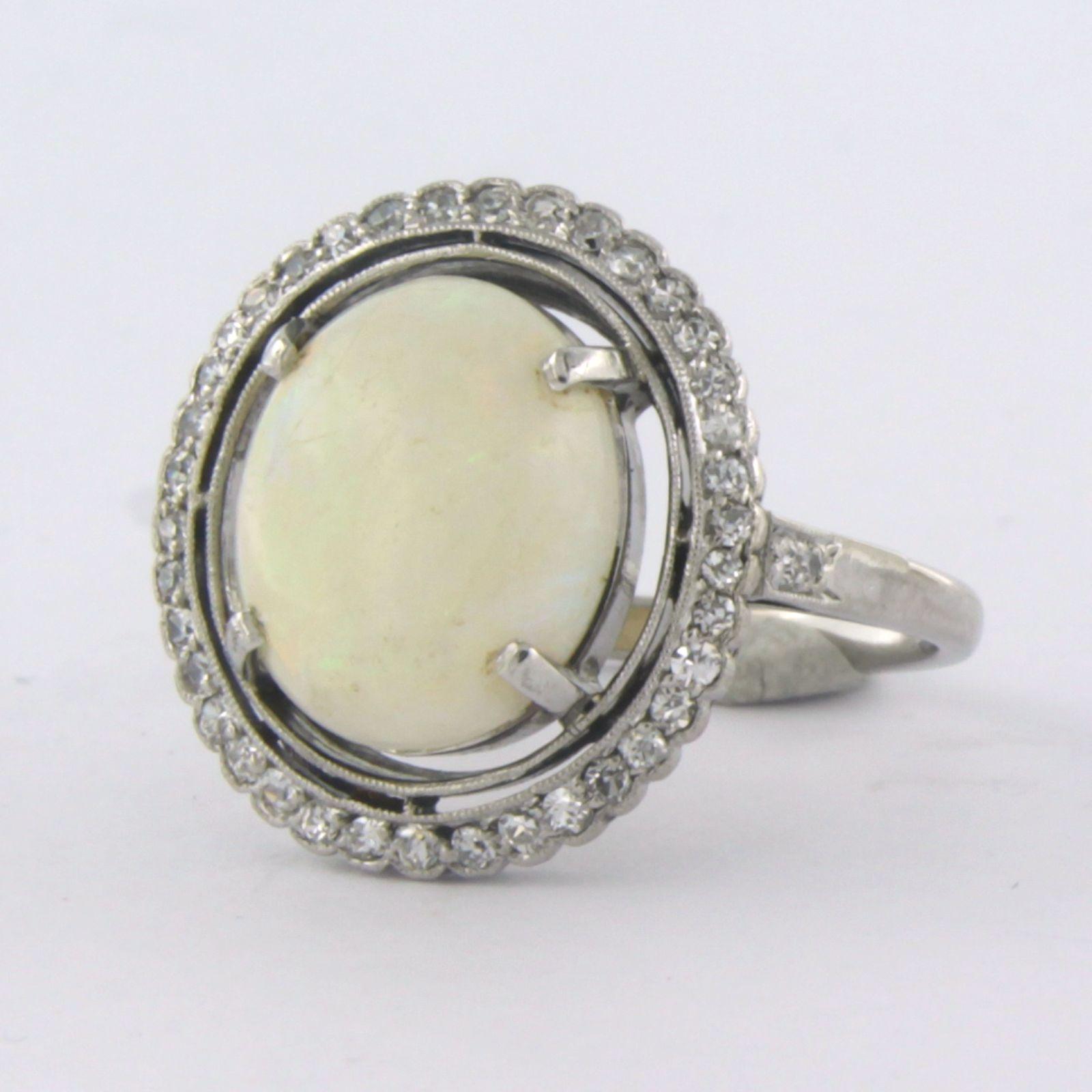 Single Cut Ring with opal and diamonds 14k white gold For Sale