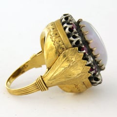 RIng with opal, ruby and rose cut diamonds up to 0.10ct 14k gold and silver