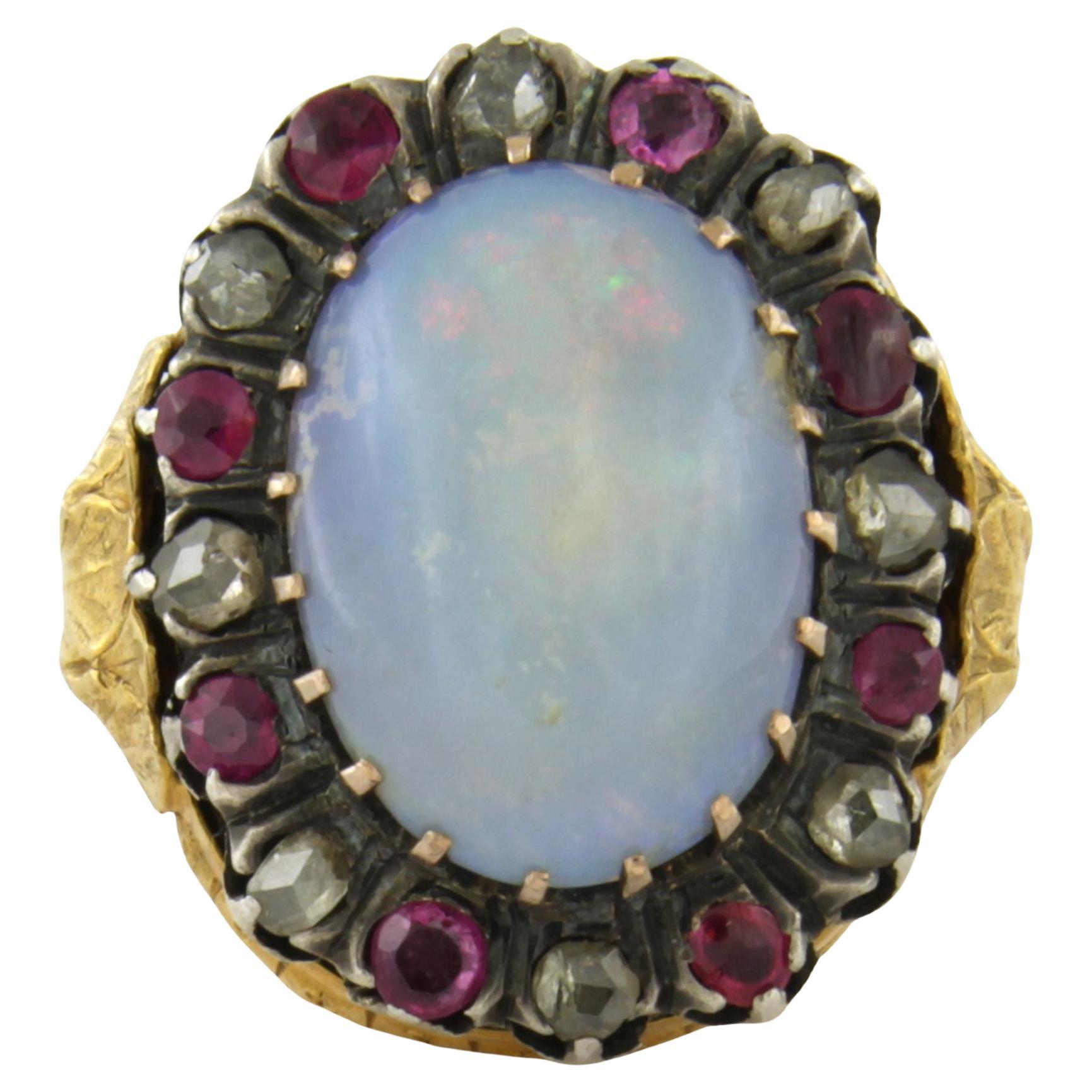 RIng with opal, ruby and rose cut diamonds up to 0.10ct 14k gold and silver For Sale