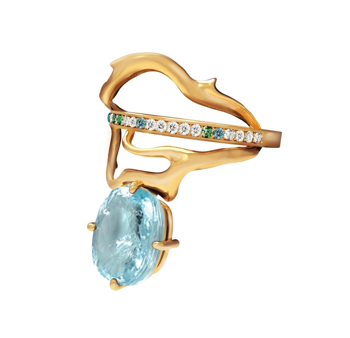 Contemporary Ring with Paraiba Tourmaline, Diamonds and Sapphires in Yellow Gold For Sale