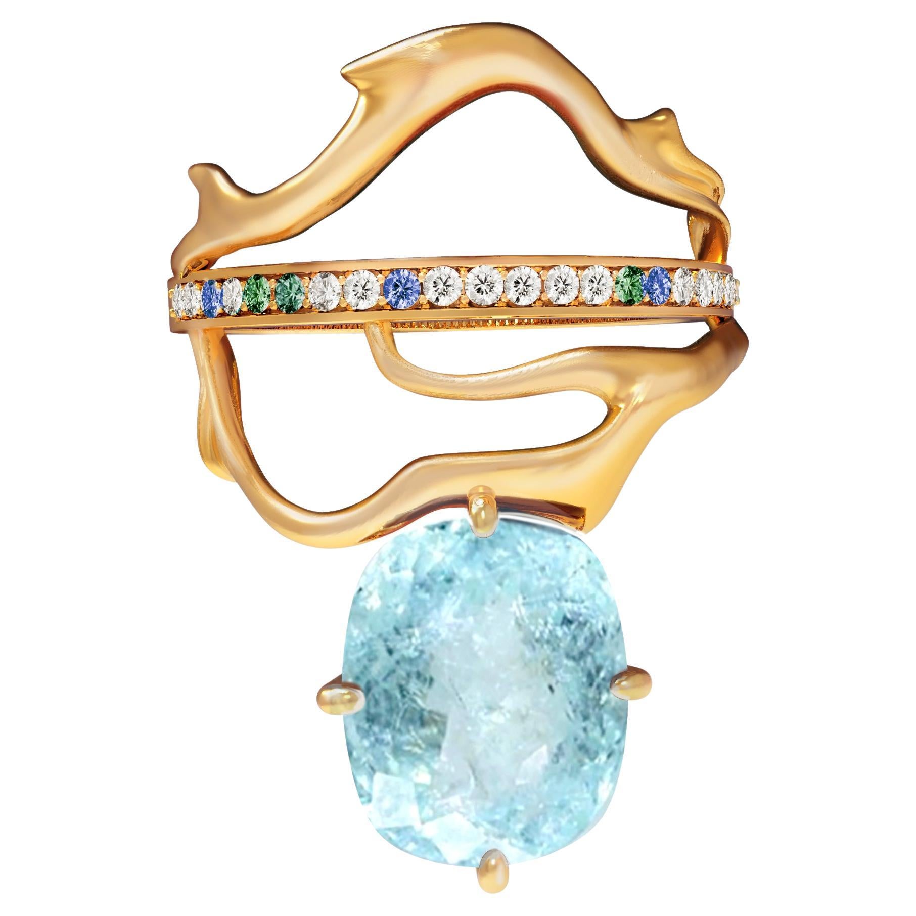 Ring with Paraiba Tourmaline, Diamonds and Sapphires in Yellow Gold For Sale
