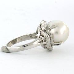 Ring with pearl and brilliant and taper cut diamonds up to 0.51ct platinum