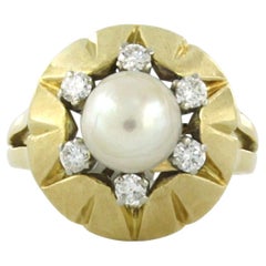 Ring with pearl and brilliant cut diamonds up to 0.25ct 18k gold 8.2 grams